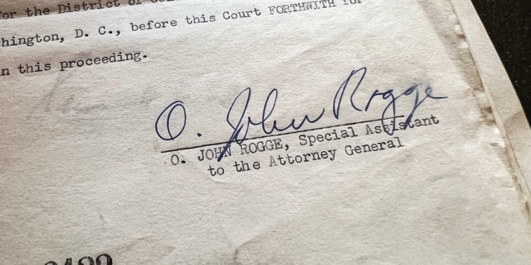 Signature of special prosecutor O. John Rogge on a document related to the Mass Sedition Trial of 1944.