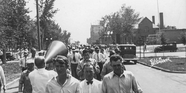 Supporters of North Dakota Governor William Langer demonstrate in Bismarck, N.D.