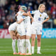 From left, Sophia Smith of USA and Portland Thorns, Megan Rapinoe of USA and OL Reign and Lindsey Horan of USA and Olympique Lyonnais after losing the FIFA Women's World Cup Australia & New Zealand 2023 Round of 16 match between Winner Group G and Runner