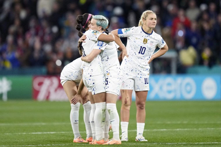 From left, Sophia Smith of USA and Portland Thorns, Megan Rapinoe of USA and OL Reign and Lindsey Horan of USA and Olympique Lyonnais after losing the FIFA Women's World Cup Australia & New Zealand 2023 Round of 16 match between Winner Group G and Runner
