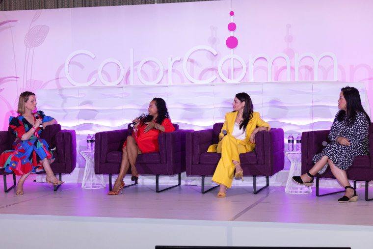 MSNBC host Alicia Menendez, left, moderates a panel on leadership and representation with Dalila Wilson-Scott, Monica Gil and Jeanne Mau at the 2023 ColorComm Conference.
