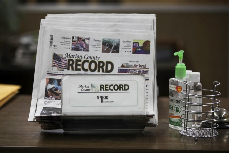 The last printed issue of the Marion County Record in the paper's office in Marion, Kan., on Aug. 13, 2023.