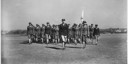 Women's Army Auxiliary Corps (WAAC) officer Charity Adams (center) at the first WAAC training center in For Des Moines, Iowa.